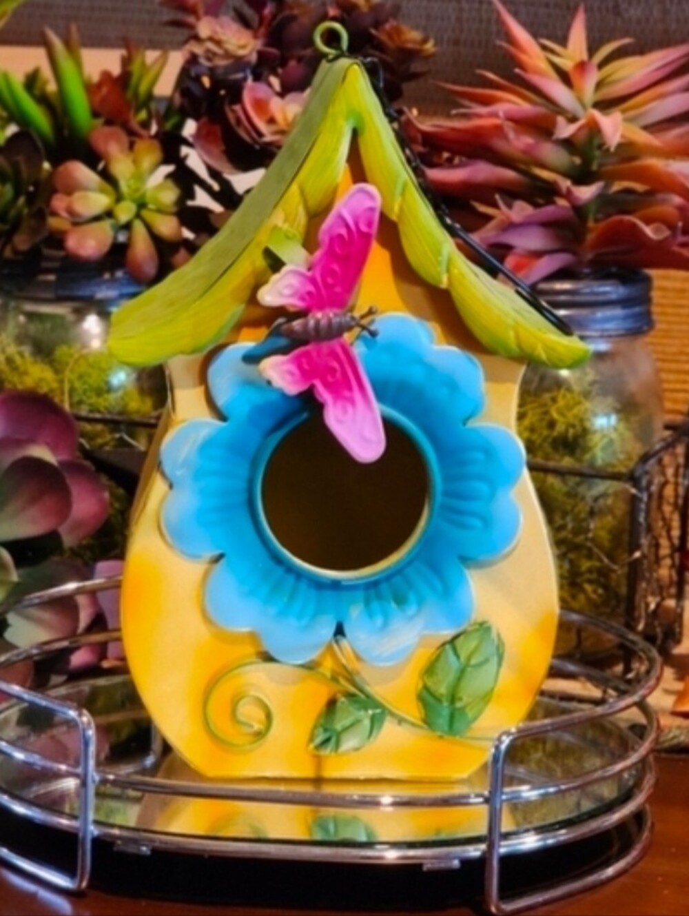 Metal Yellow Birdhouse with Blue Flower, Pink Butterfly Green Roof